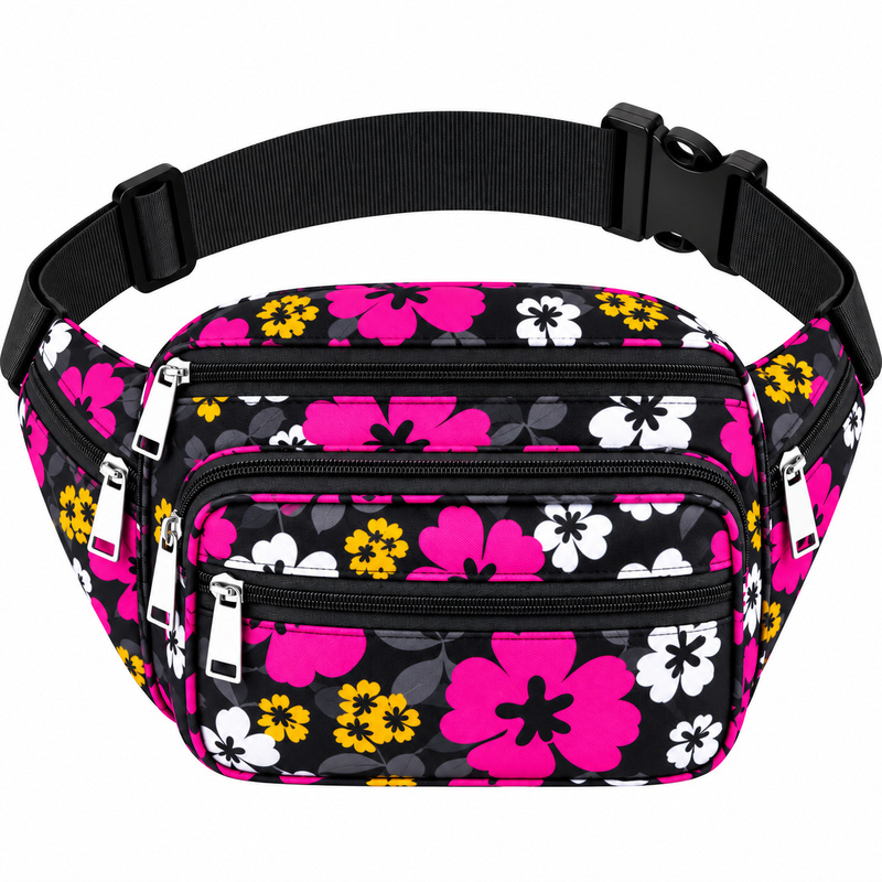 (image for) 8056 Black-Pink Floral Bright Colored Multizip Bumbag (New)